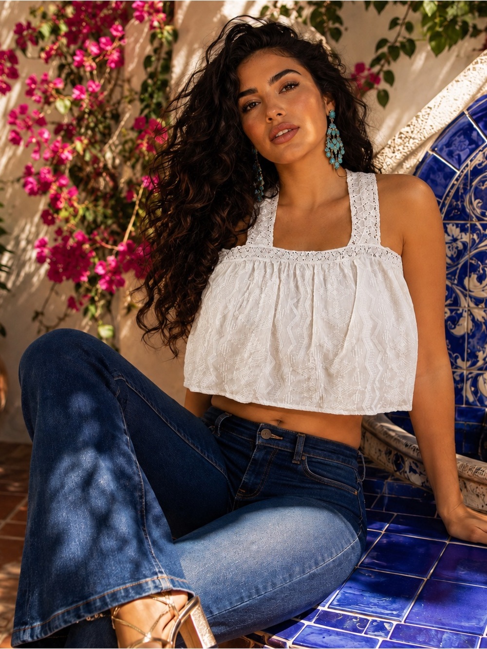 Cato White Embroidered Strappy Crop Top Size S Boho